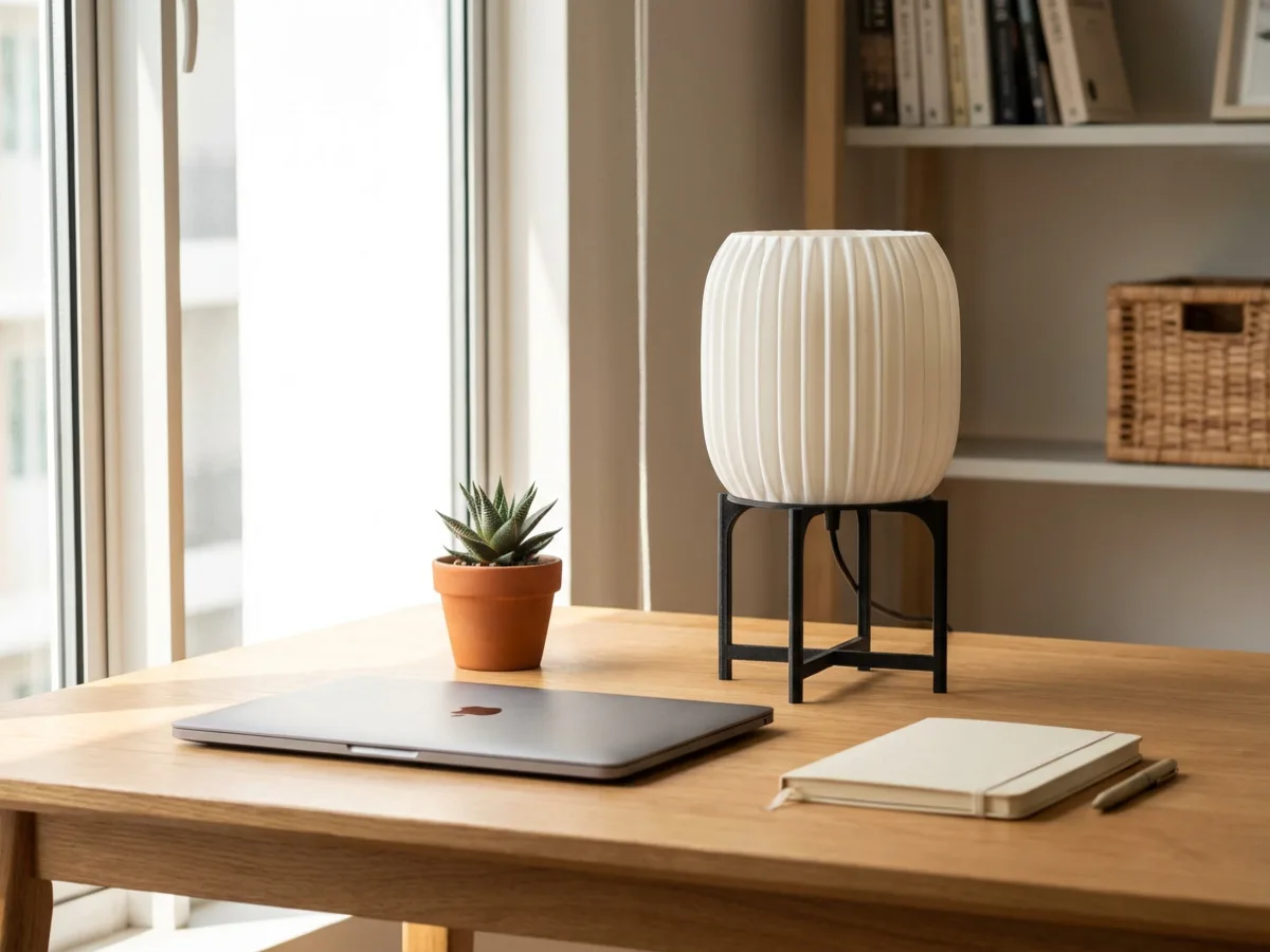 LampuKita geometric lamp on a wooden desk, warm amber glow in a study room