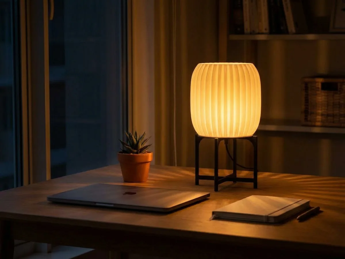 LampuKita geometric lamp on a wooden desk, warm amber glow in a study room
