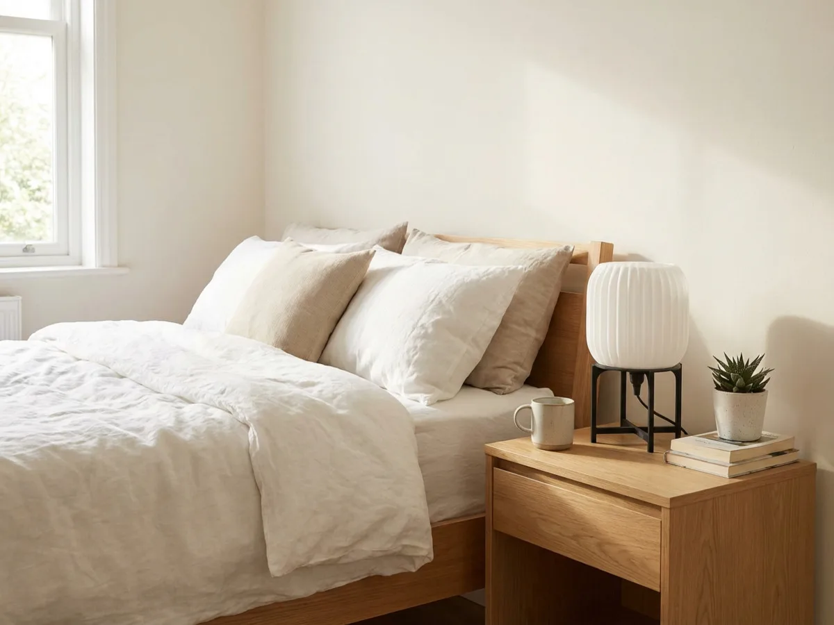 LampuKita lamp beside a bed, soft warm light in a bedroom at night