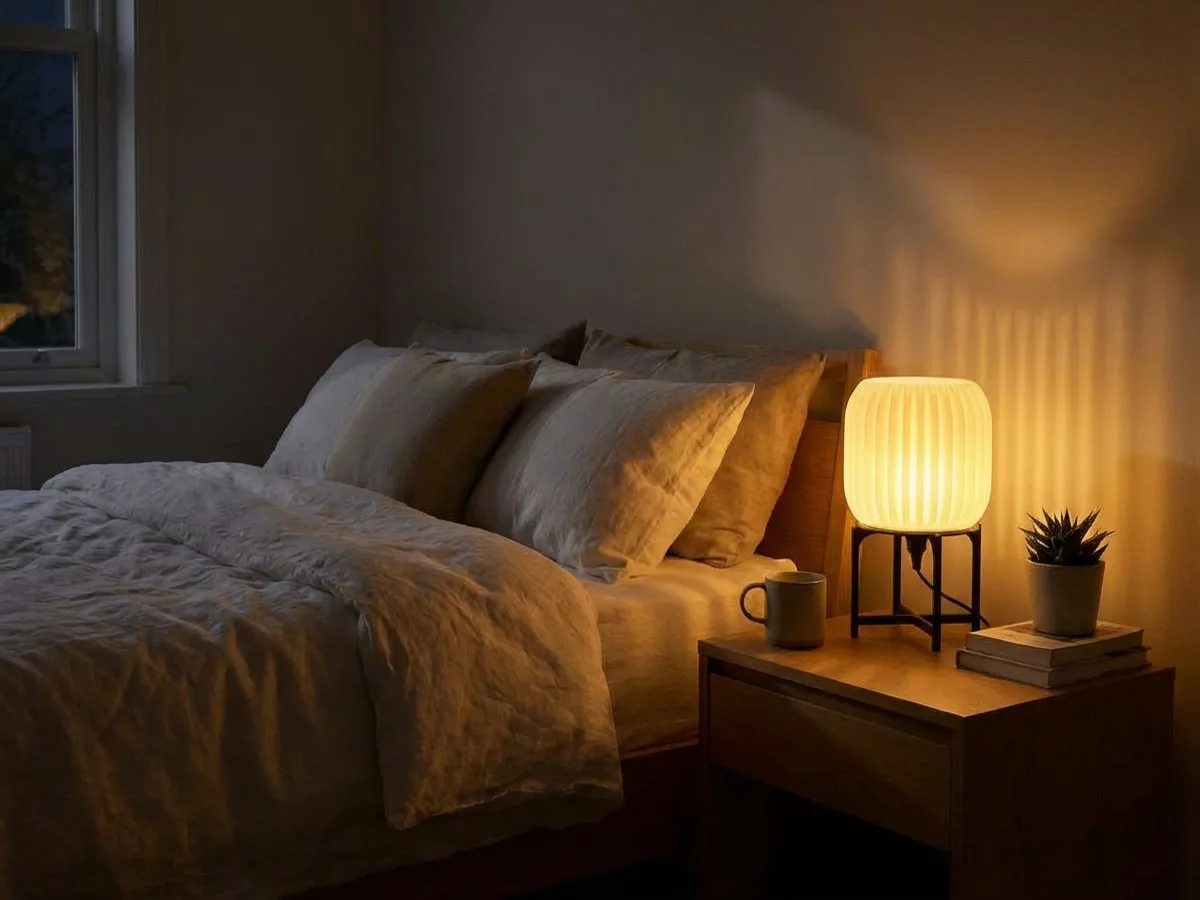 LampuKita lamp beside a bed, soft warm light in a bedroom at night