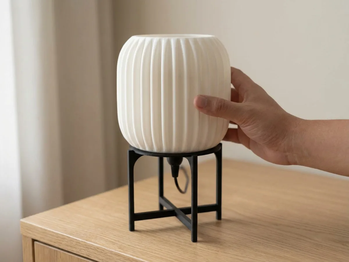 Hand holding LampuKita lamp to show scale — approximately 20cm tall