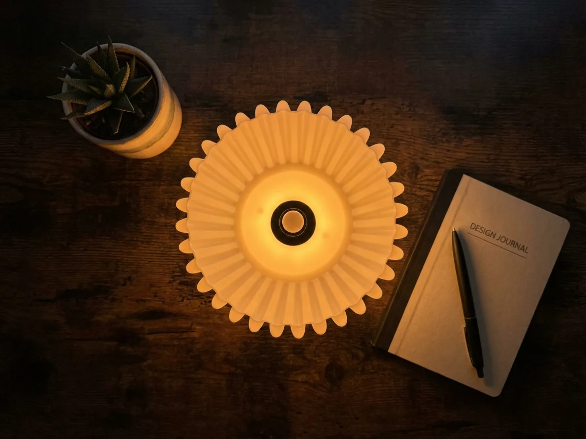 Top-down view of LampuKita lamp showing geometric pattern detail