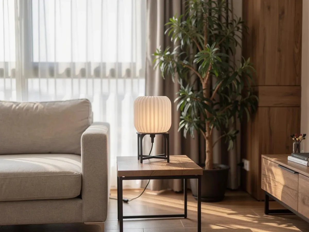 LampuKita lamp in a living room setting, warm glow creating cozy atmosphere